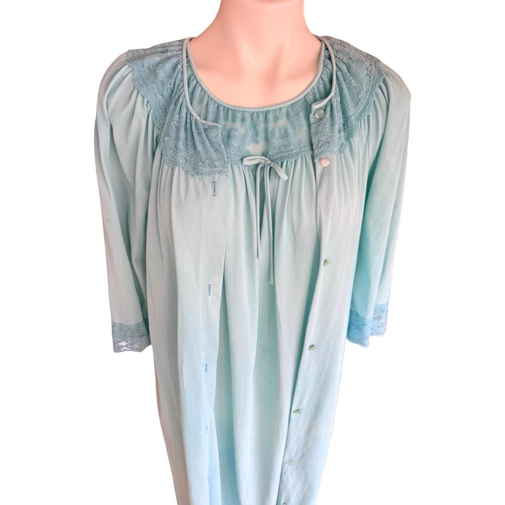 Vintage 1970s Gilead Peignoir Set Seafoam Blue Nightgown Robe Lace Trim S - Picture 7 of 12